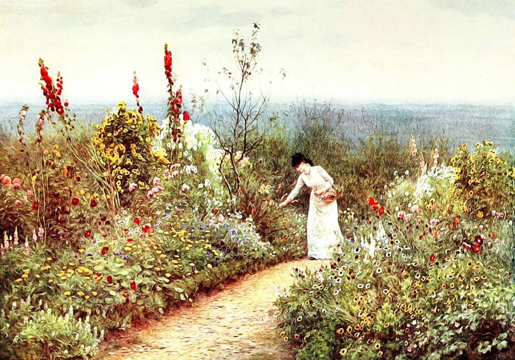 A imagem mostra uma pintura de uma mulher colhendo flores em um jardim.